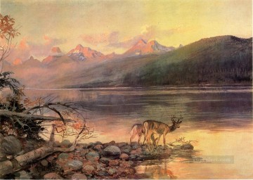 Animal Painting - Ciervos en el lago McDonald paisaje americano occidental Charles Marion Russell